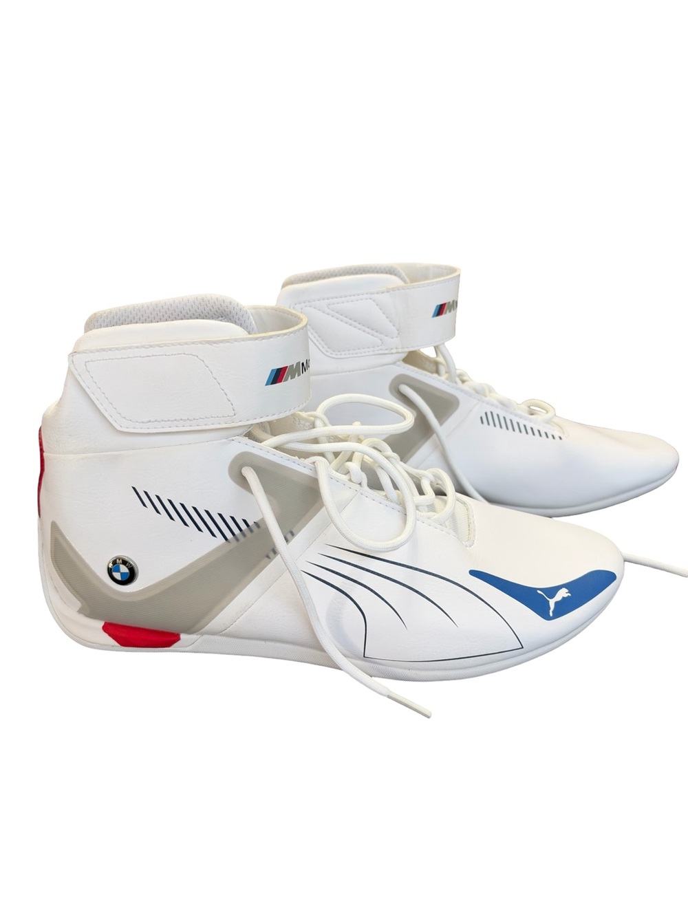 Puma Men’s BMW White High-Top Racing Sneakers with Blue and Red Accents